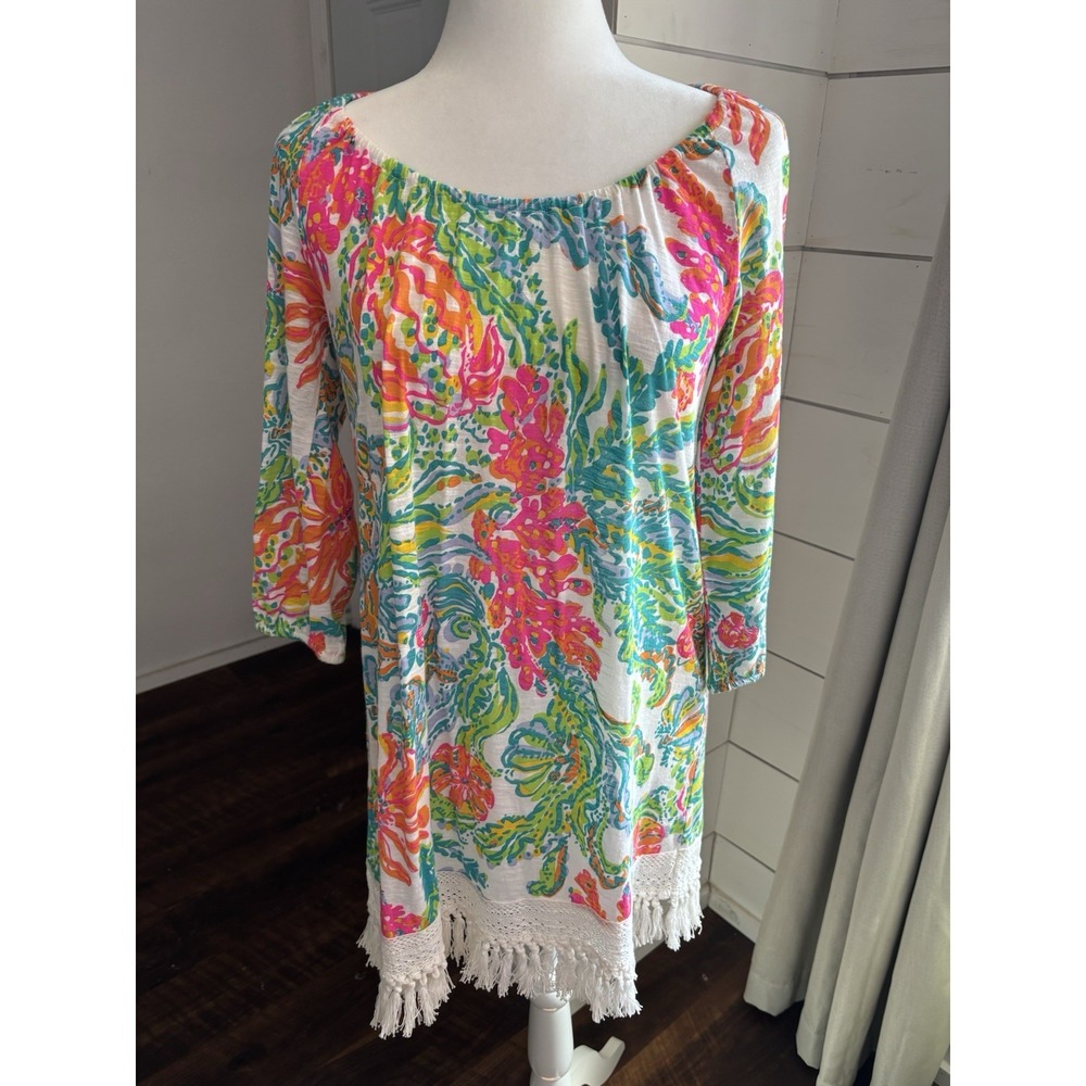 Lilly Pulitzer Dress Womens XS Multicolor Floral Beach Vacation Fringe Colorful - Picture 1 of 6
